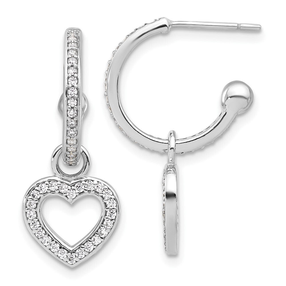 Sterling Silver Rhod-plated Polished Cubic Zirconia Dangle Heart Hoop Earrings