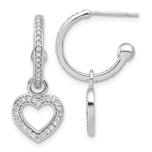 Sterling Silver Rhod-plated Polished Cubic Zirconia Dangle Heart Hoop Earrings