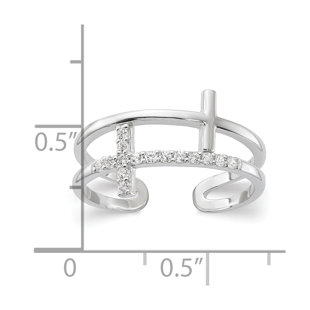 Sterling Silver E-coated CZ Cross Open Back Ring Size 8