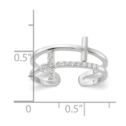 Sterling Silver E-coated CZ Cross Open Back Ring Size 8
