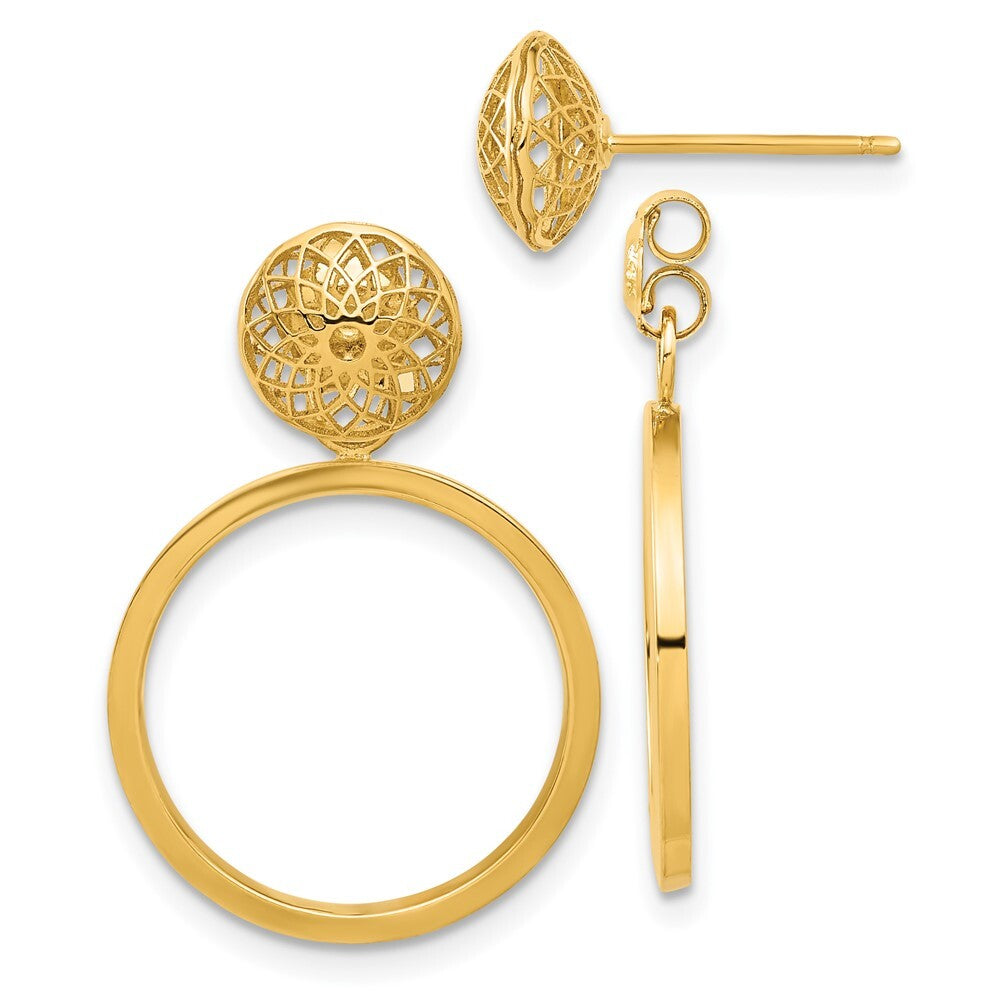 14k Yellow Gold Polished Cut Out Hollow Dangle Circle Post Earrings