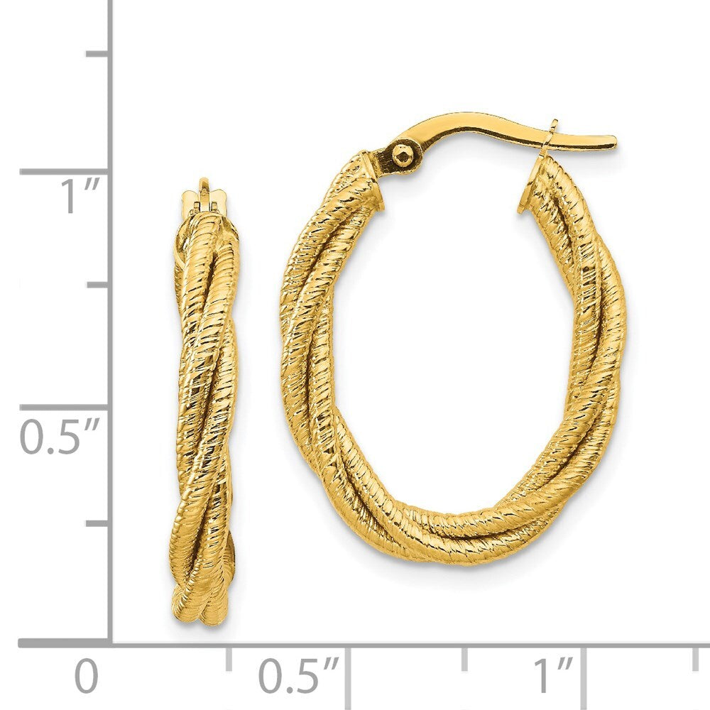 14k Yellow Gold Polished Textured Twisted Oval Hoop Earrings