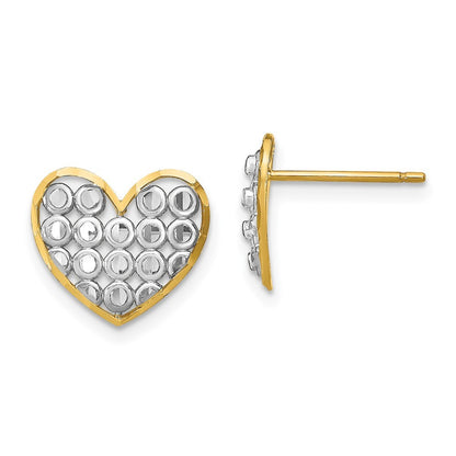 14k Yellow Gold w/ Rhodium Diamond-Cut Heart Earrings