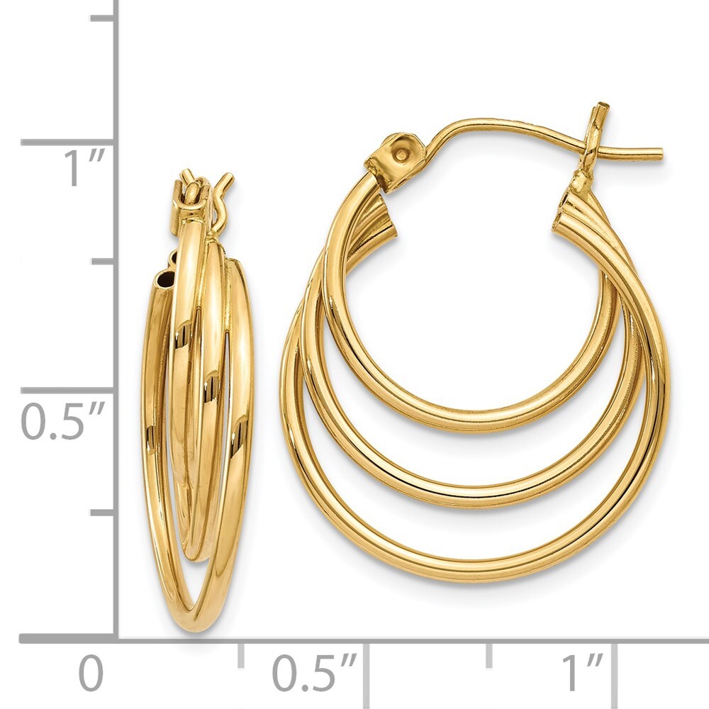 14k Yellow Gold Triple Hoop Earrings Gift for Women
