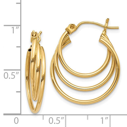 14k Yellow Gold Triple Hoop Earrings Gift for Women