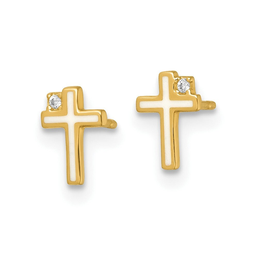 14k Yellow Gold Polished Enameled Cubic Zirconia Cross Stud Earrings