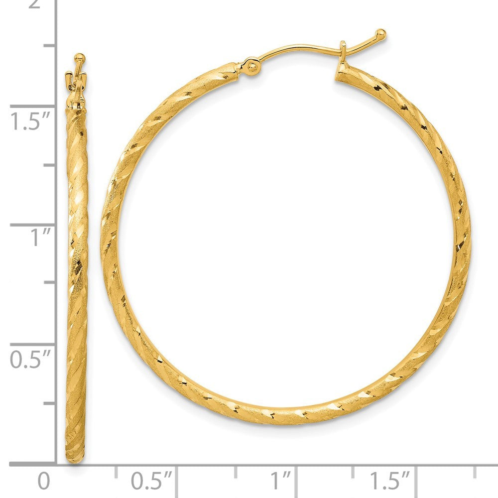 14k Yellow Gold Polished and Satin Diamond-Cut 2mm Hoop Earrings