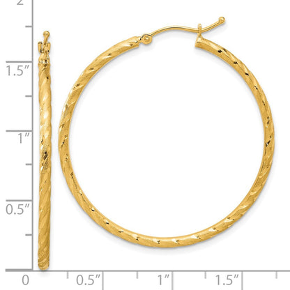 14k Yellow Gold Polished and Satin Diamond-Cut 2mm Hoop Earrings