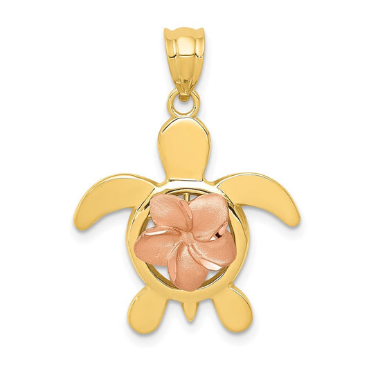 14k Two-tone Gold Diamond-cut Rose Plumeria Turtle Pendant for Women