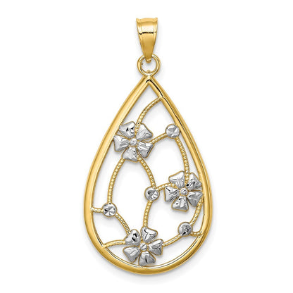 14k Yellow Gold White Rhodium Flowers In Teardrop Frame Charm