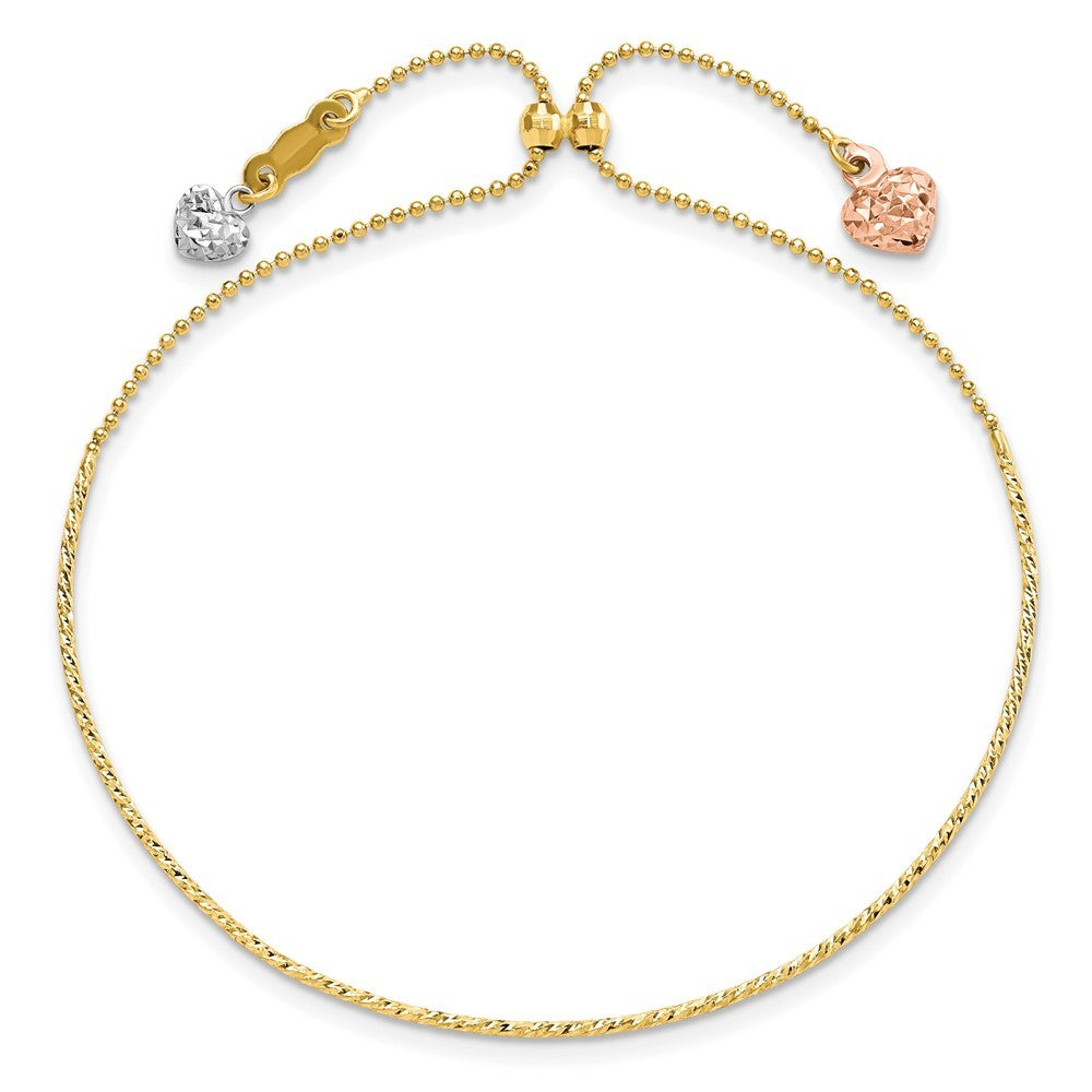 14K Tri-color Diamond-cut Heart Dangles Half Bangle Adjustable Bracelet