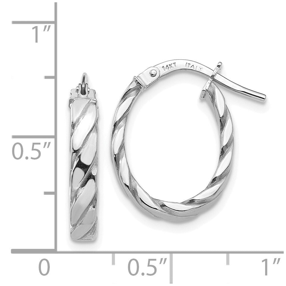 14K White Gold 3mm Patterned Oval Hoop Earrings Gift for Women