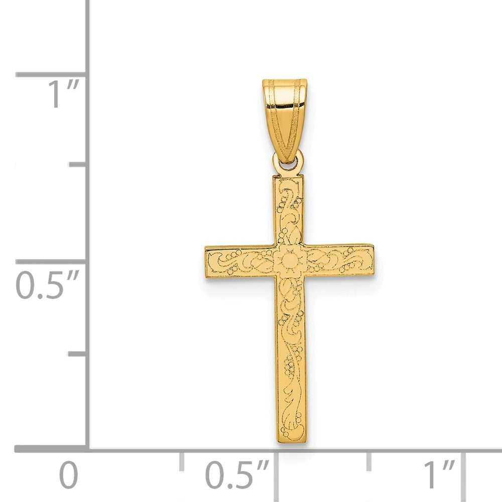 14k Yellow Gold Etched Floral Cross Pendant