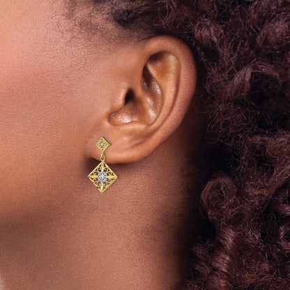 14k Yellow Gold w/Rhodium Diamond-Cut Square Filigree Dangle Earrings