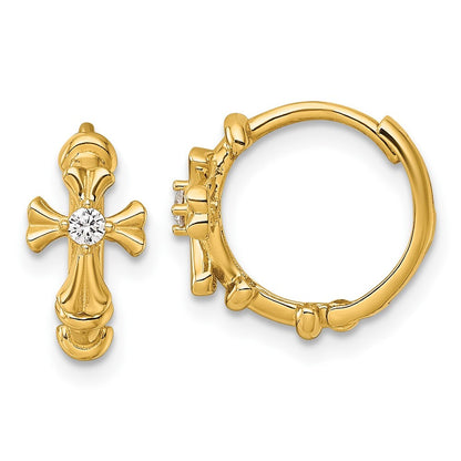 14k Yellow Gold Polished Cubic Zirconia Cross Hinged Round Hoop Earrings