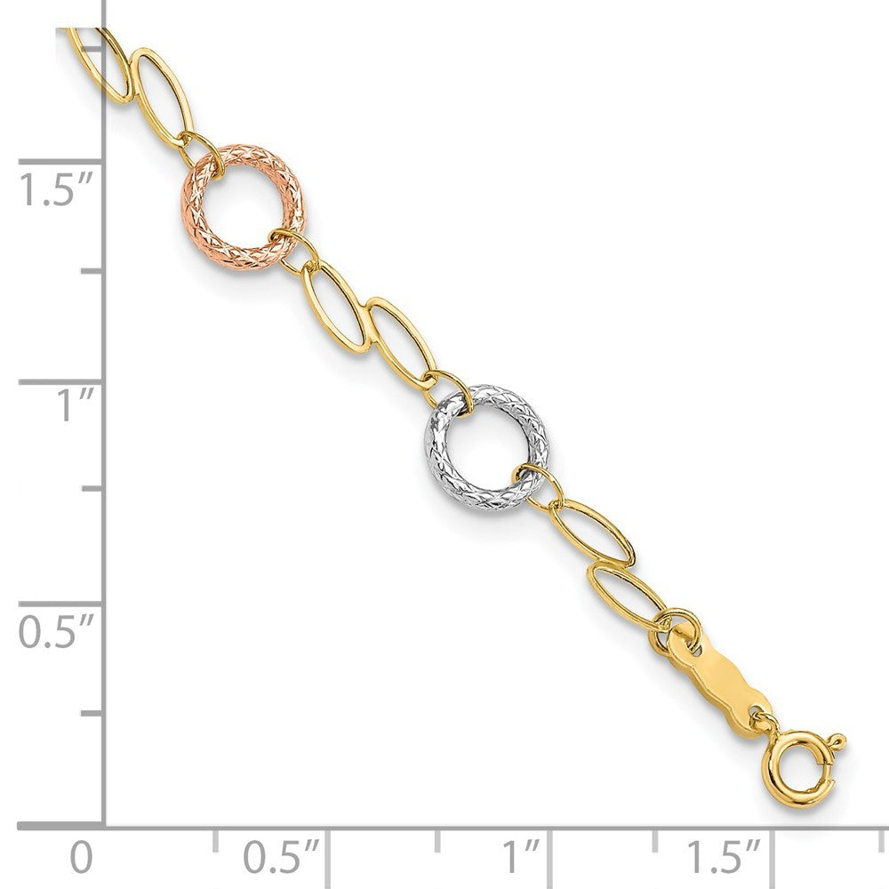 14k Tri-color Polished and Textured Round Circles and Ovals 7.25 inch Bracelet