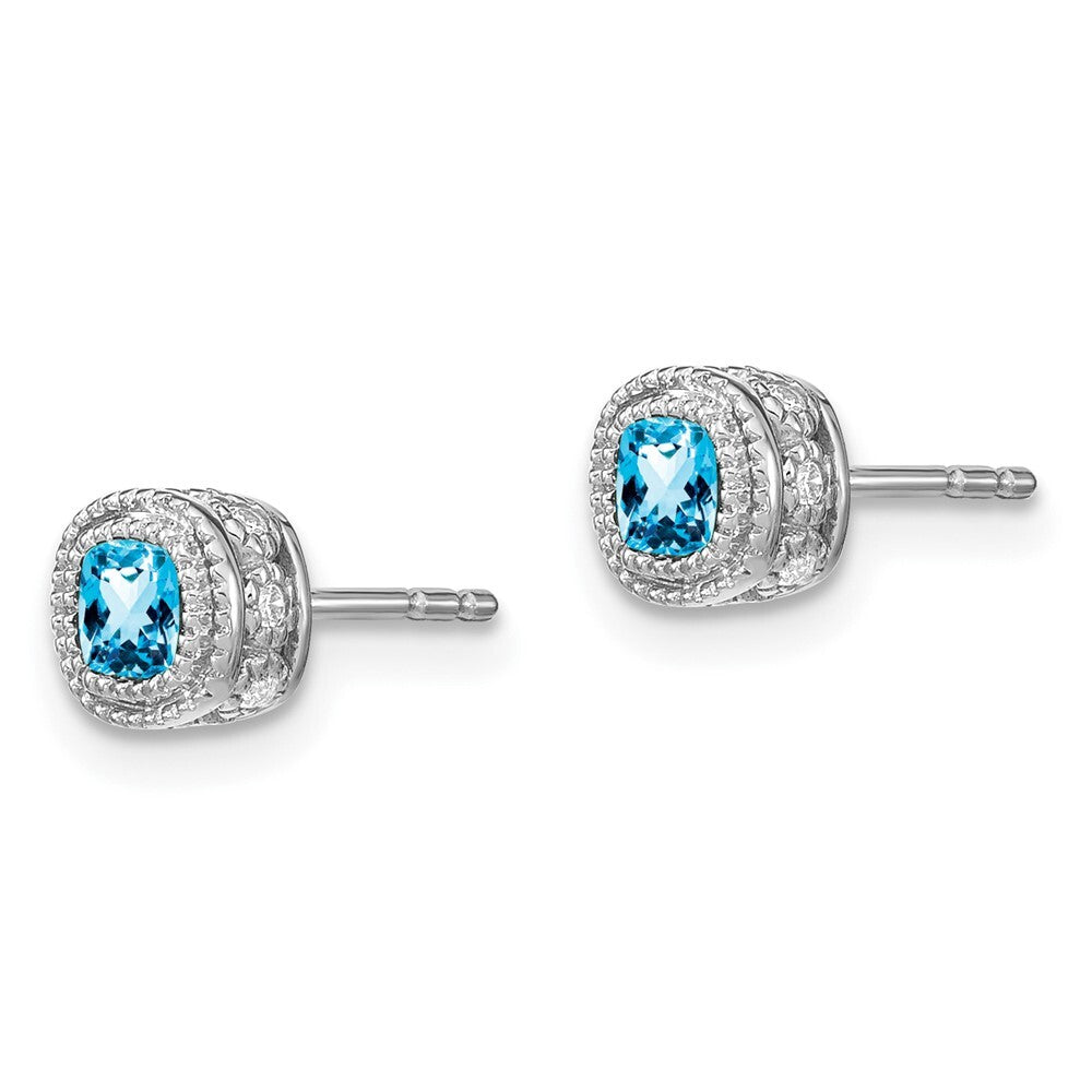 14k White Gold Cushion Blue Topaz and Diamond Stud Earrings