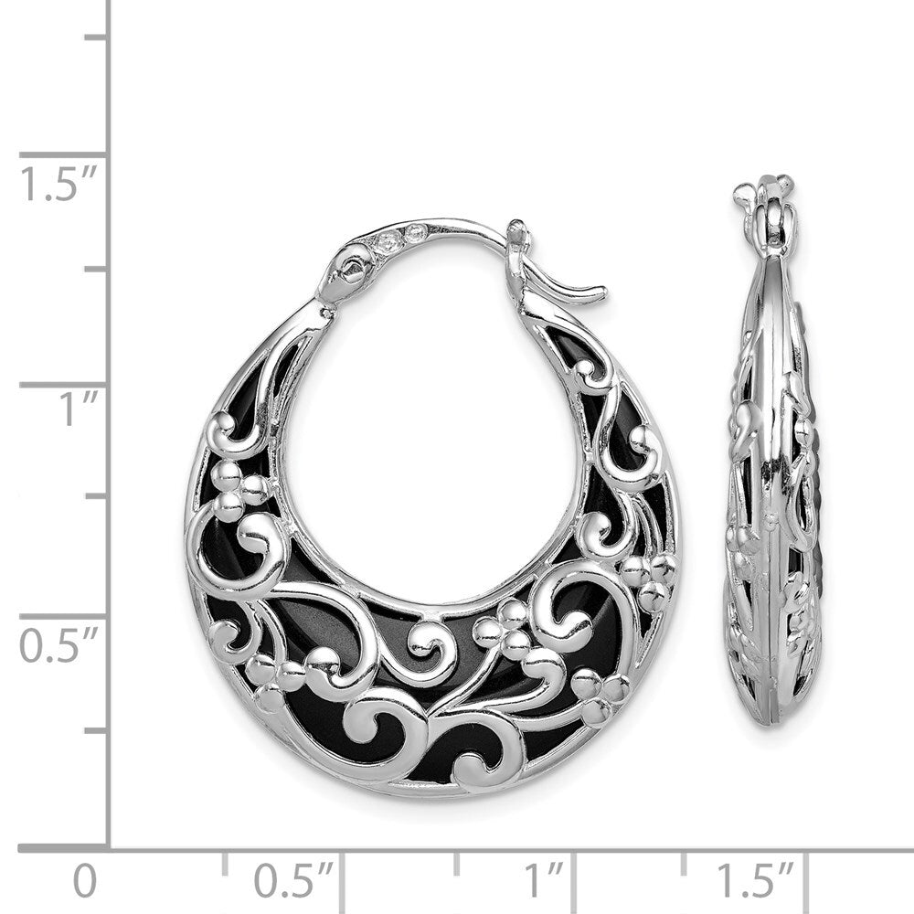 Sterling Silver Rhodium-plated Polished Onyx Filigree Round Hoop Earrings