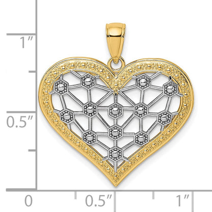 14k Yellow Gold Rhodium Lattice Center Heart Charm Pendant