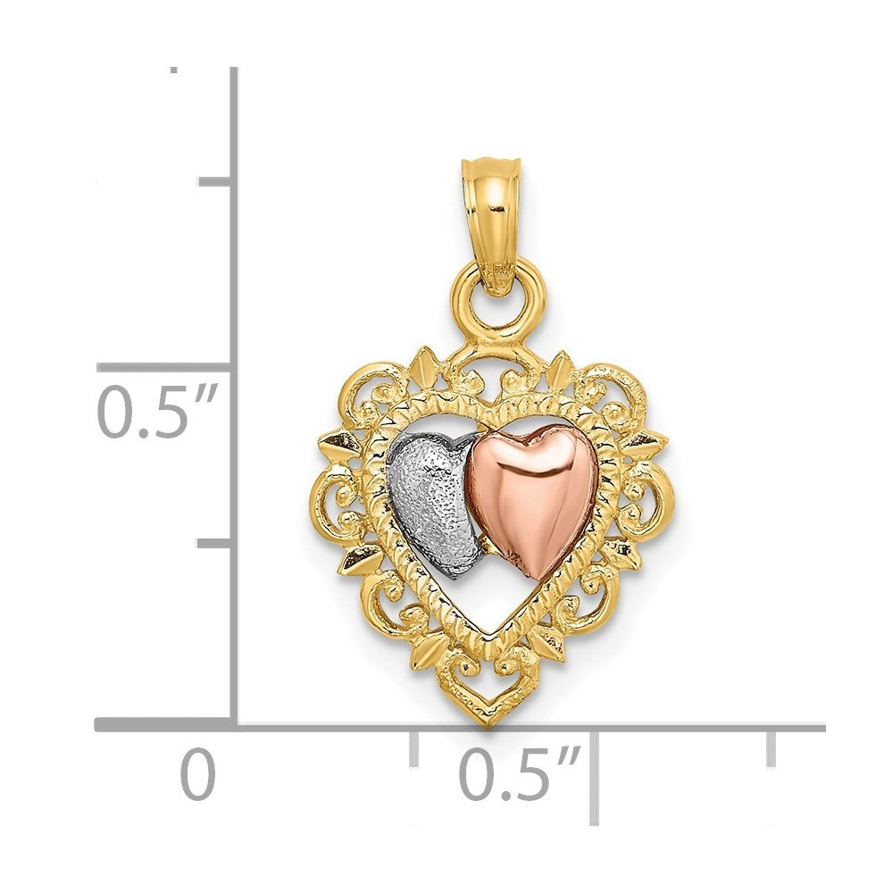 14k Two-tone with White Rhodium Textured Hearts Charm