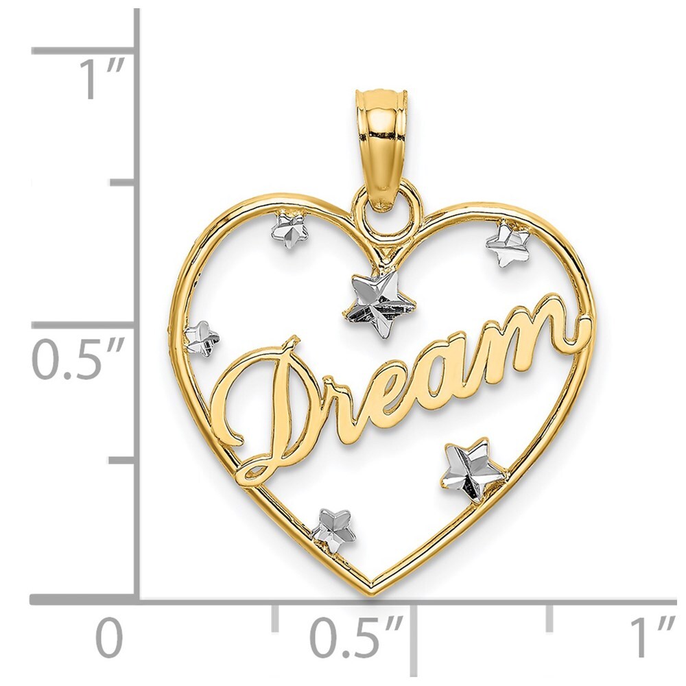 14k Yellow Gold Rhodium Diamond-cut DREAM Heart with Stars Charm Pendant
