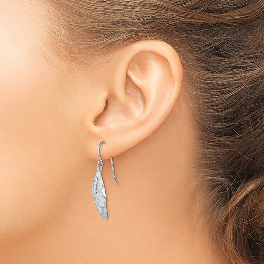 Sterling Silver RH-plated Cubic Zirconia Textured Feather Shepherd Hook Earrings