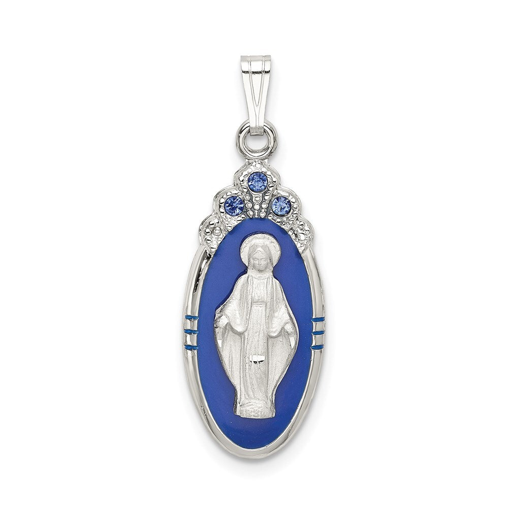 Sterling Silver Satin & Diamond-cut Epoxy Crystal Miraculous Medal Pendant