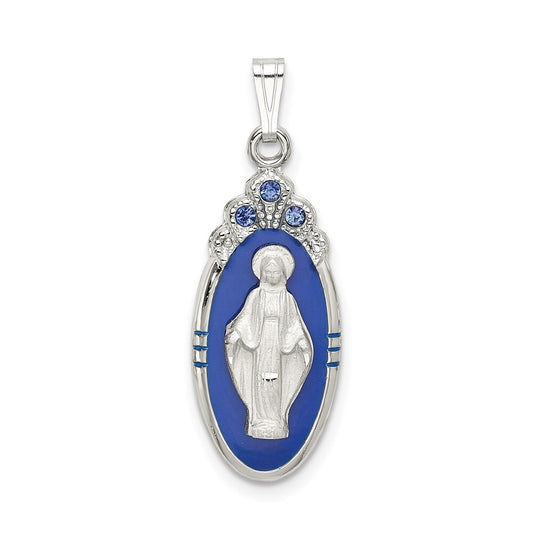 Sterling Silver Satin & Diamond-cut Epoxy Crystal Miraculous Medal Pendant