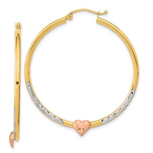 14k Two-tone with White Rhodium Diamond-Cut Heart Hoop Earrings