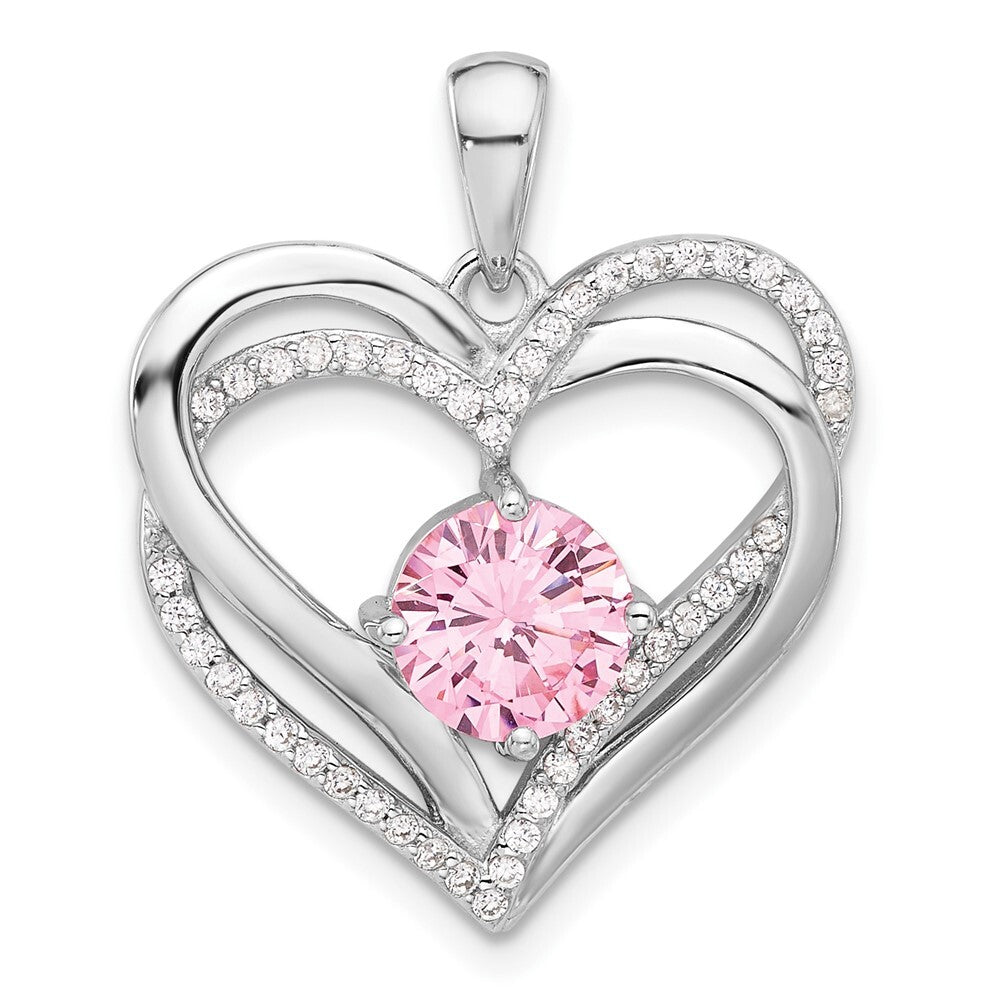 Sterling Silver Pink and White Cubic Zirconia Double Heart Pendant