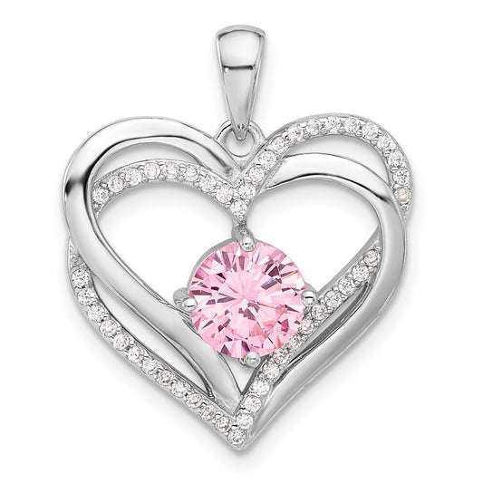 Sterling Silver Pink and White Cubic Zirconia Double Heart Pendant