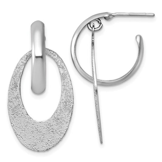 Sterling Silver Rhodium-plated  and Brushed Oval Dangle C-Hoop Post Earrings