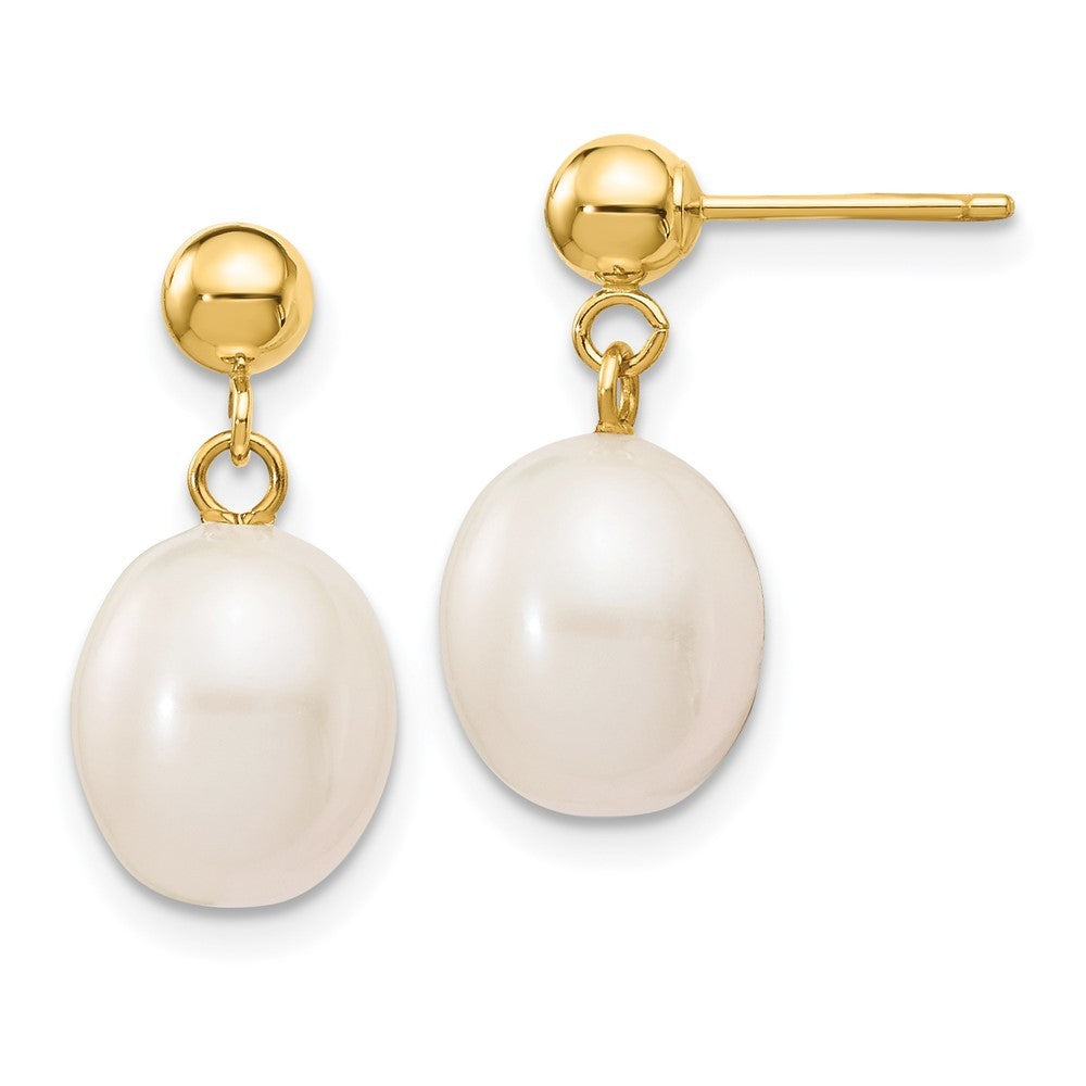 14k Yellow Gold 8-9mm White Rice Freshwater Cultured Pearl Dangle Earrings