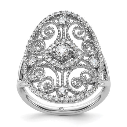 Sterling Silver Rhodium-plated Cubic Zirconia Filigree Oval Ring Size 6