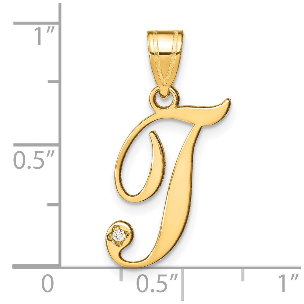 14k Yellow Gold Script Letter T Initial Pendant with Diamond for Women