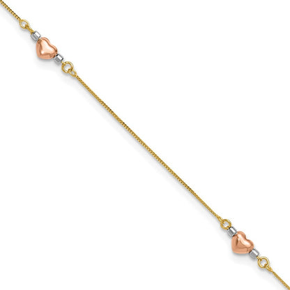 14k Tri-Color Puffed Hearts and Beads 11" Anklet