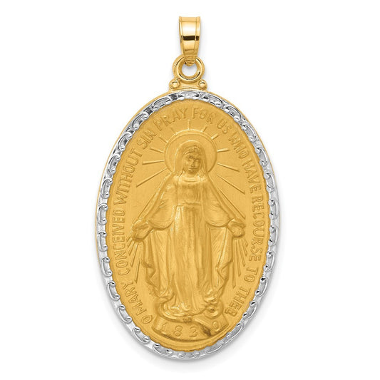 14k Yellow Gold with Rhodium Satin Polished Miraculous Medal Solid Oval Pendant