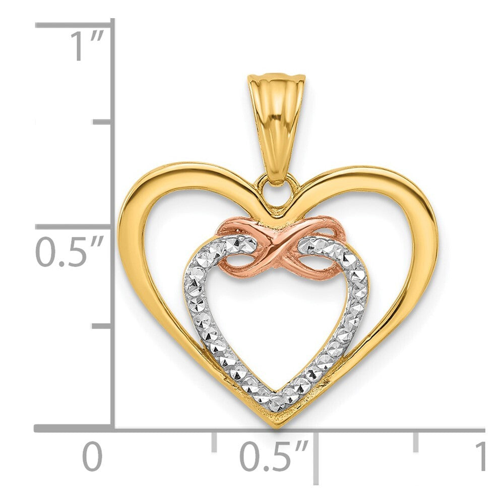 14k Two-tone Gold and White Rhodium Diamond-cut Infinity Hearts Pendant
