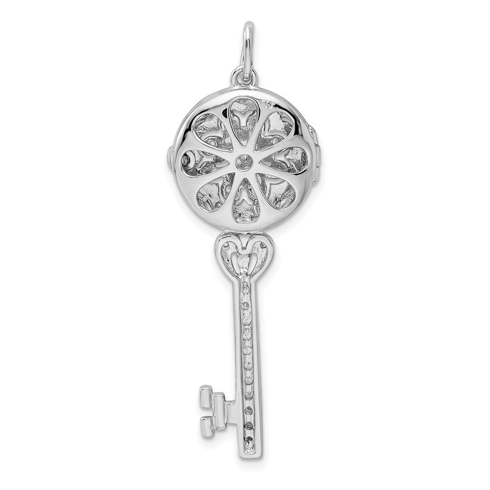 Sterling Silver Rhodium-plated Cubic Zirconia Filigree Locket Key Pendant