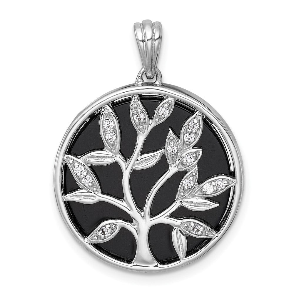 Sterling Silver Polished Onyx Circle and Cubic Zirconia Tree of Life Pendant