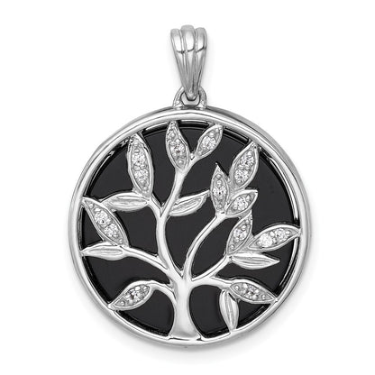 Sterling Silver Polished Onyx Circle and Cubic Zirconia Tree of Life Pendant