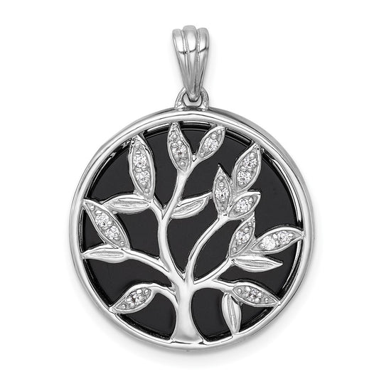 Sterling Silver Polished Onyx Circle and Cubic Zirconia Tree of Life Pendant
