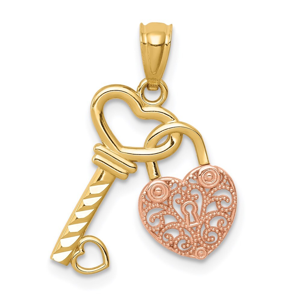 14k Two-tone Gold Polished Filigree Heart Lock and Diamond-cut Key Charm Pendant