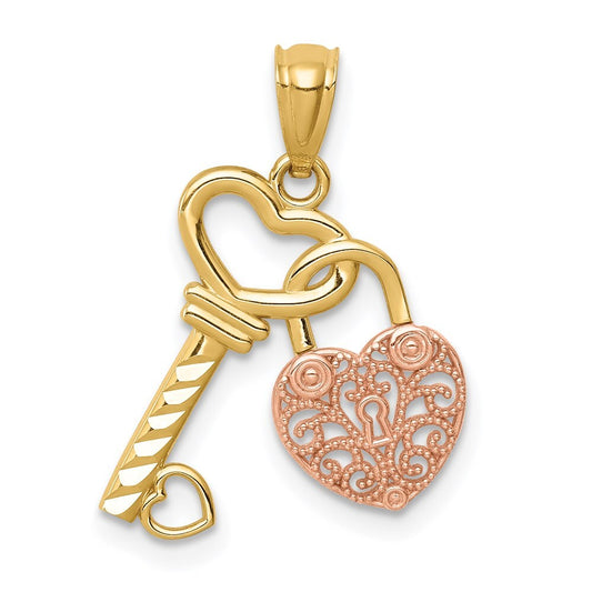 14k Two-tone Gold Polished Filigree Heart Lock and Diamond-cut Key Charm Pendant