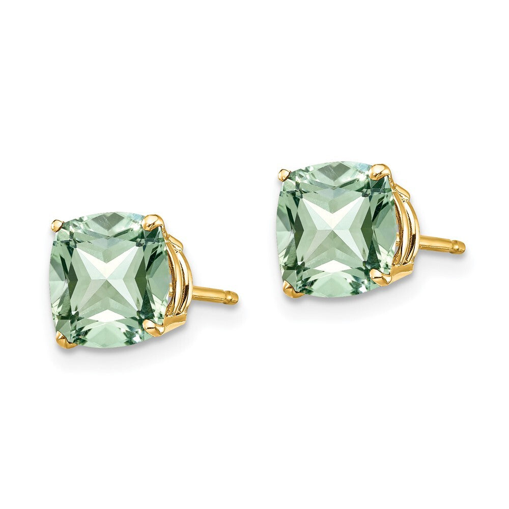 14k Yellow Gold 7mm Cushion Green Quartz Earrings Gift for Women
