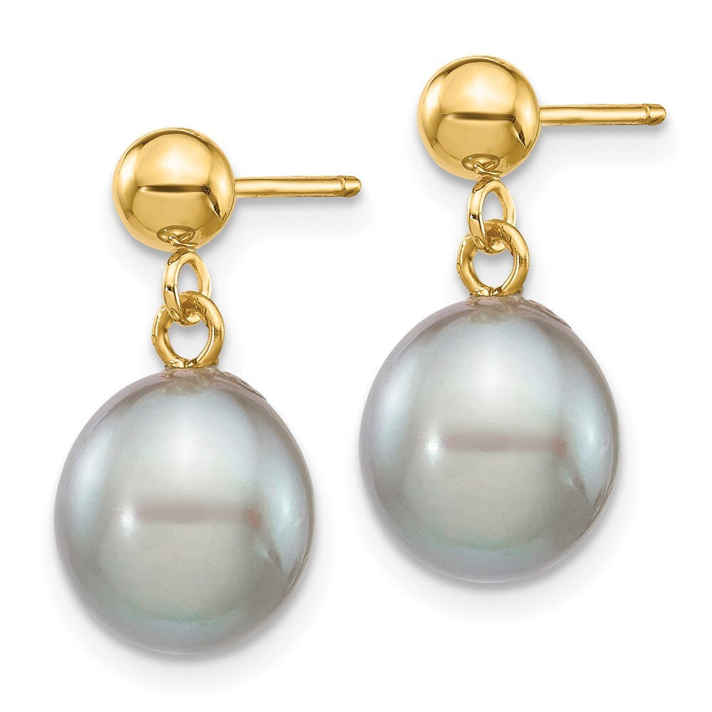 14k Yellow Gold 8-9mm Grey Rice Freshwater Cultured Pearl Dangle Earrings