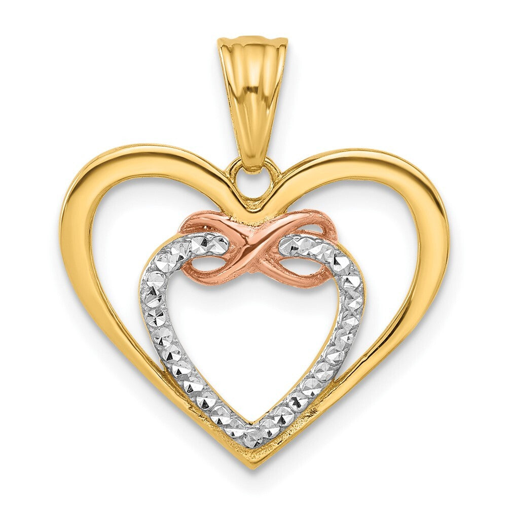 14k Two-tone Gold and White Rhodium Diamond-cut Infinity Hearts Pendant