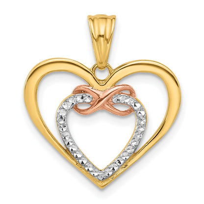 14k Two-tone Gold and White Rhodium Diamond-cut Infinity Hearts Pendant