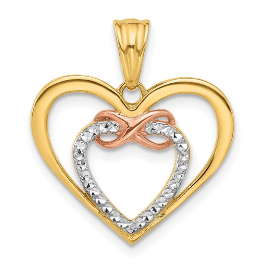 14k Two-tone Gold and White Rhodium Diamond-cut Infinity Hearts Pendant