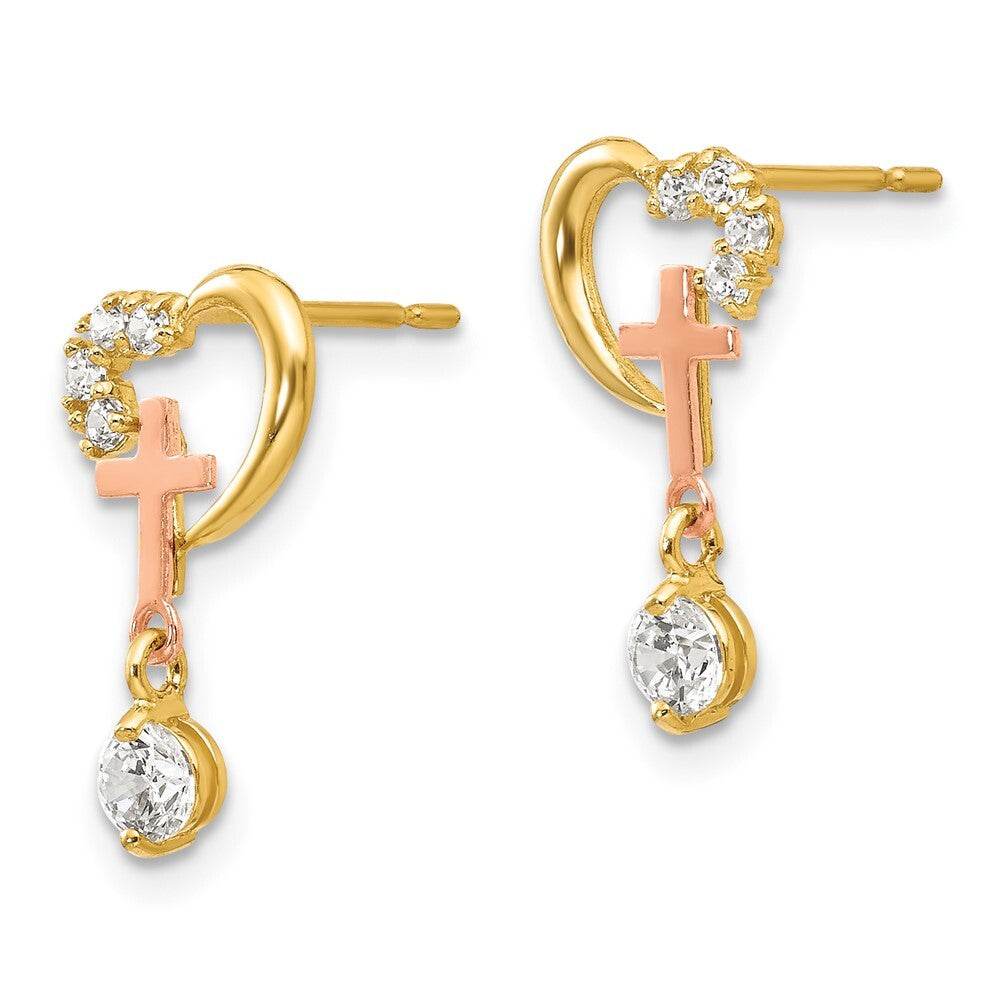 14k Two-tone Gold Cubic Zirconia Children's Cross & Heart Drop & Dangle Earrings